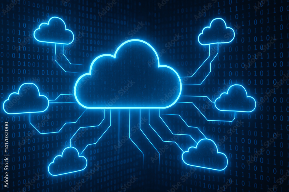 Poster a futuristic illustration of a cloud computing concept. neon blue clouds are interconnected through 