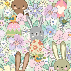 Cute cartoon easter bunny easter egg and bird in flower garden seamless background