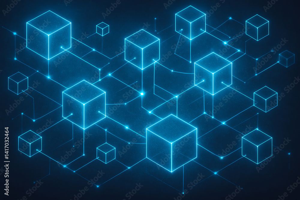 Poster abstract digital network with glowing blue cubes connected by lines, illustrating the concept of dat