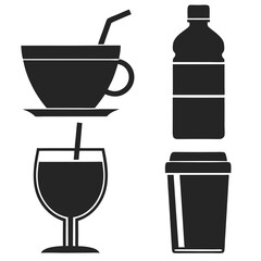 Coffee cup icon set with various drink symbols including coffee, tea, wine, beer, and cocktails in a vector design