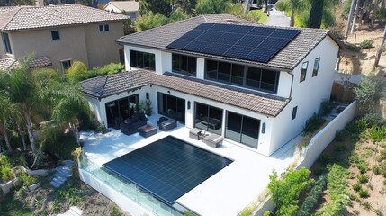 High-efficiency black solar panels arranged neatly on clean white roof