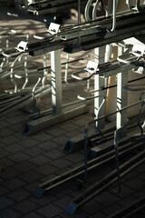 gym equipment in gym. empty bike rack close up 