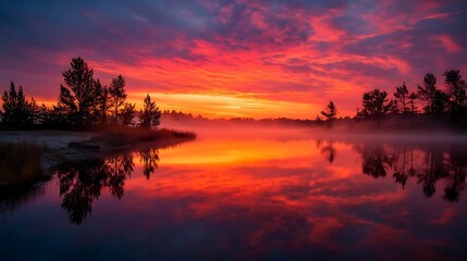 Obraz premium Vivid sunrise over a calm lake