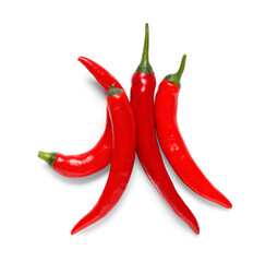 Red hot chili peppers on white background. Top view