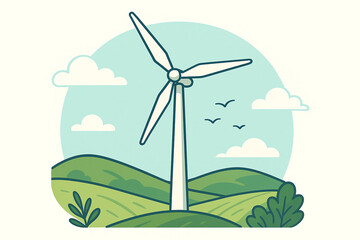 An illustration of a wind turbine set against rolling green hills, symbolizing clean energy and sustainable practices