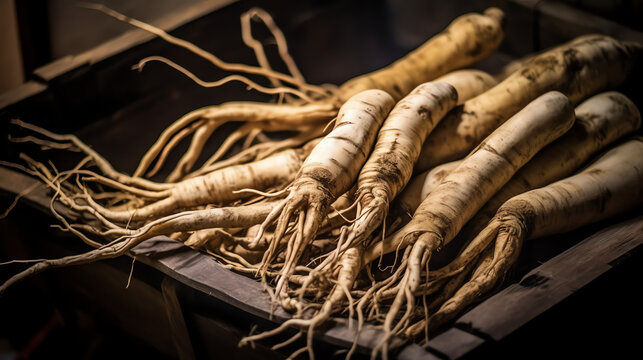 Fresh ginseng roots are displayed in a rustic wooden crate showcasing their unique shapes and textures Ideal for herbal enthusiasts and natural health products