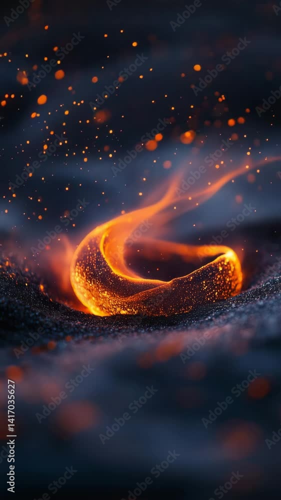 Poster a glowing swirl of molten lava sparks against a dark, textured background, creating an intense and d