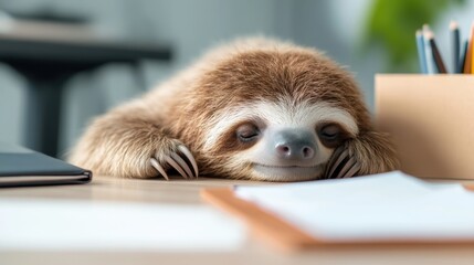 Sloth in business suit relaxing at office desk creative content modern workspace calm environment
