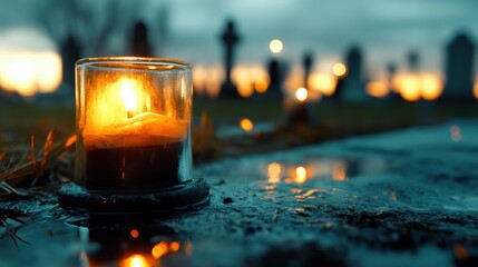 Candlelight vigil in a dark and scary cemetery mourning souls haunting atmosphere evening setting