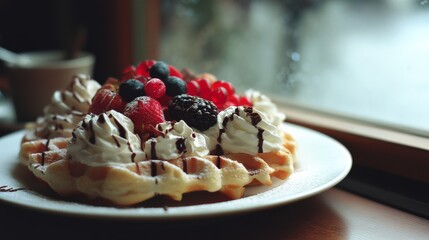 Crisp waffles adorned with creamy toppings and vibrant fruits sit invitingly, promising a delightful taste experience enjoyed near a rain-kissed window.
