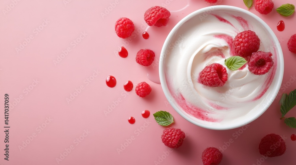Poster artistic top view of raspberry cream swirl in a bowl with scattered berries and droplets of sauce