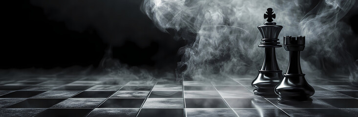 Strategic Gambit: Chess pieces, a king and a rook, stand poised on a checkerboard amid an atmospheric haze, depicting strategy, intelligence, and calculated moves in this high-contrast composition.
