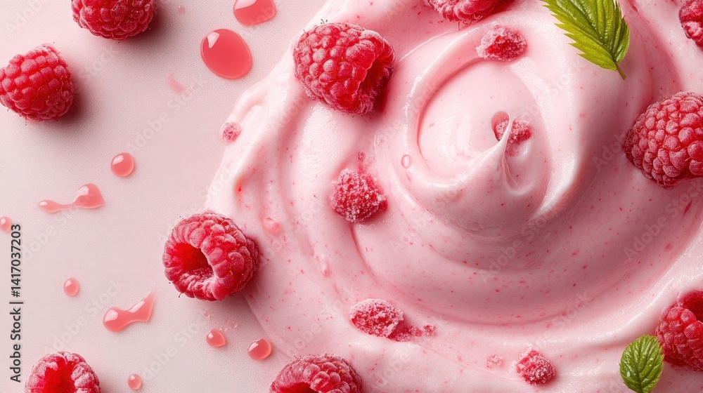 Poster artistic top view of raspberry cream swirl in a bowl with scattered berries and droplets of sauce