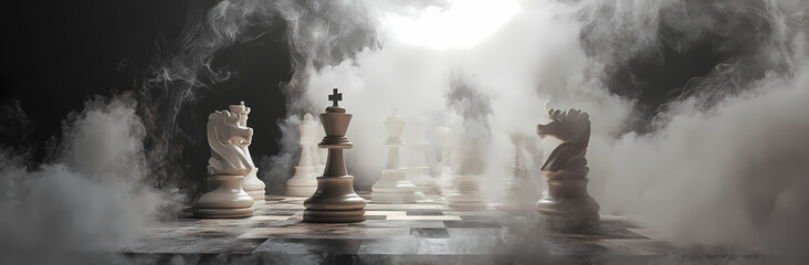 Strategic Standoff: A high-angle view captures the intricate game of chess, pieces poised on a weathered board, encircled by dramatic fog. This image reflects strategic thought and competition.