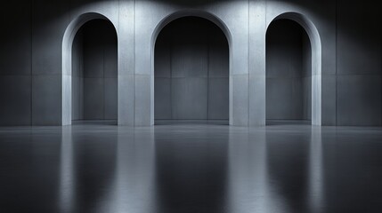 Modern, minimalist interior with three arched openings