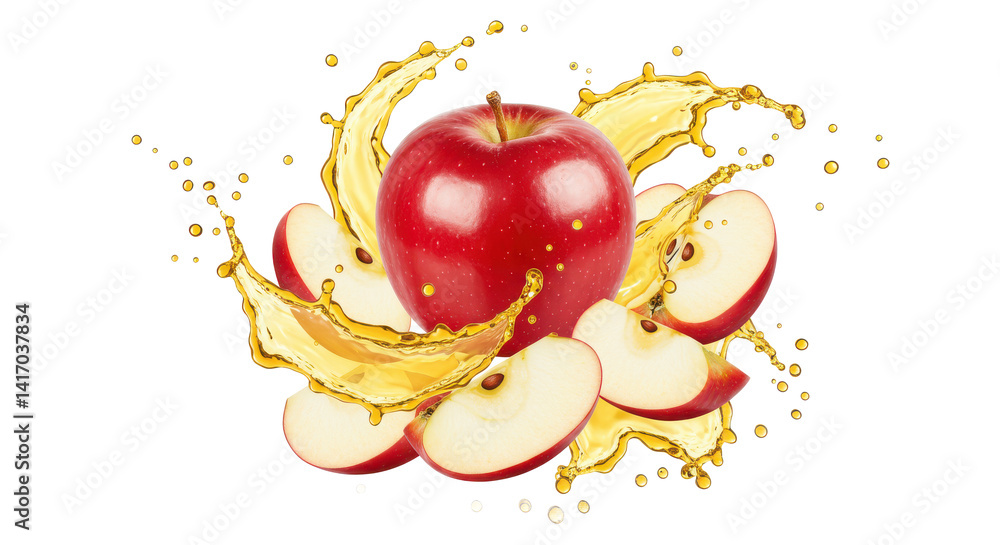 Aufkleber a whole red apple and several slices surrounded by splashing juice on a black background