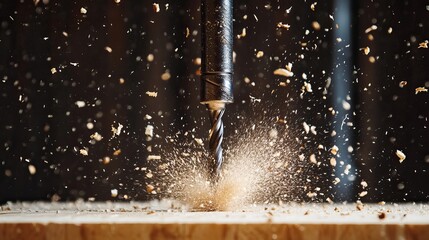 Spinning drill bit entering soft pine board, wood chips flying in focus
