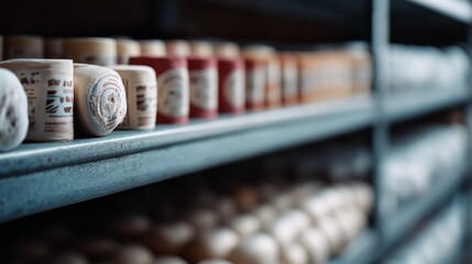Rows of colorful spools of thread create a vibrant palette on industrial shelves, showcasing a blend of art and craftsmanship.