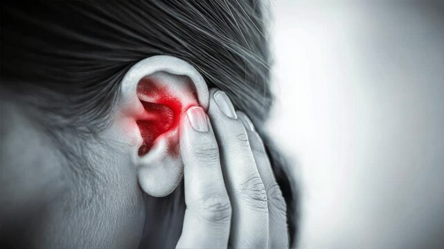 A person holding their ear, which is red, indicating severe discomfort and inflammation, Ear pain, Earache, Ear infection, Otalgia