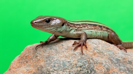 Fototapeta premium Lizard perched atop a rock against a green background.