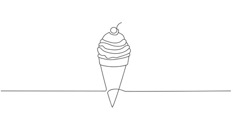 continuous one line drawing of an ice cream cone with a cherry on top representing summertime treats and joy
