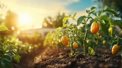 Bell pepper crops in full bloom, colorful seasonal harvest captured in sunlight