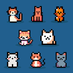 Set of cats pixel art vector.