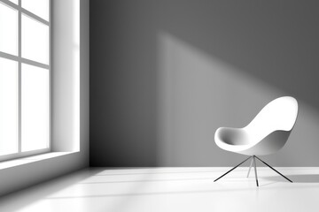 Minimalist room gray wall, white chair, sunlit window