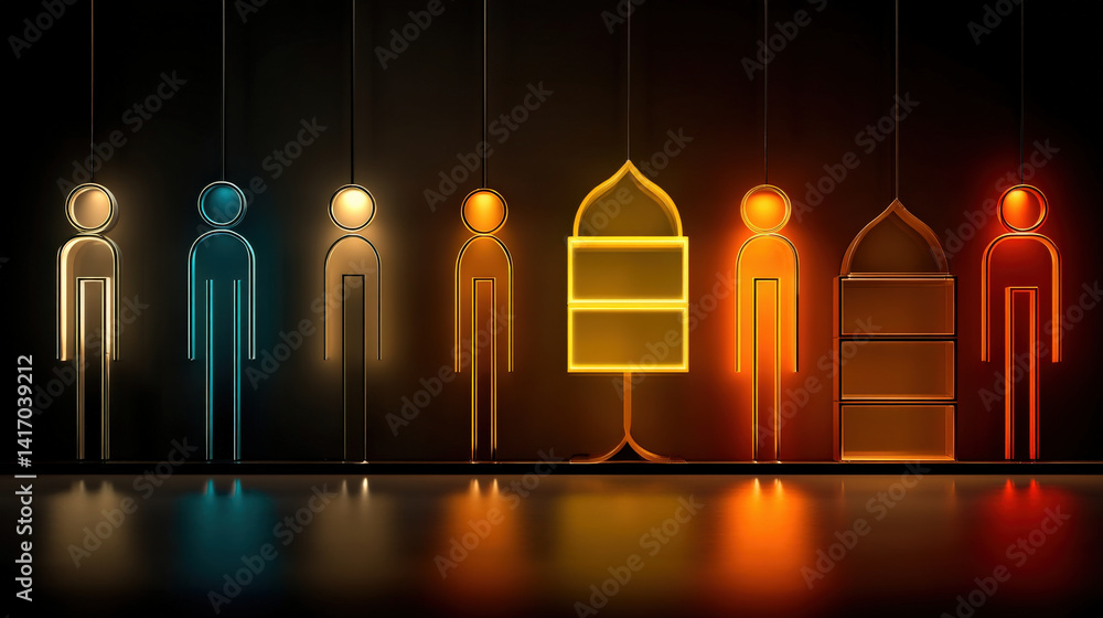 Poster row of colorful, illuminated figures and abstract shapes are suspended against dark background, creating vibrant and modern art installation. glowing elements evoke sense of unity and diversity