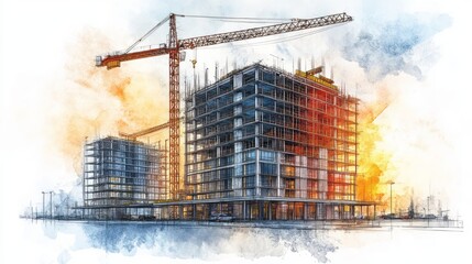Buildings under construction with crane rendered in watercolor style