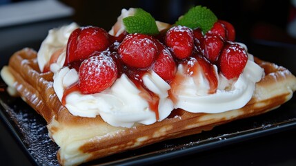 Strawberry waffle topped with whipped cream and berry sauce