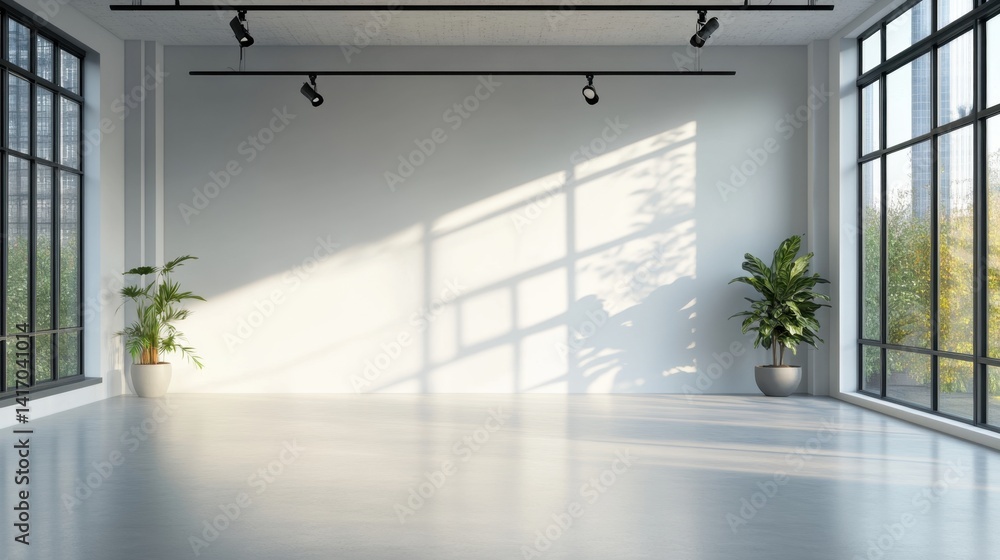 Poster bright empty studio setup with clean white walls and ceiling-mounted lights