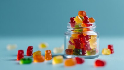 Colorful Gummy Bears in a Glass Jar on a Blue Background: A Delightful Treat