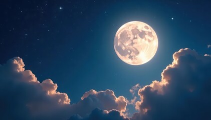 Obraz premium Full moon haloed by soft clouds, countless stars twinkle , astrophotography, full moon