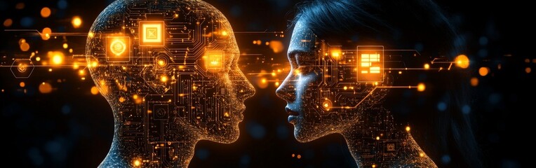 Obraz premium Digital Brain Circuit with Artificial Intelligence and Human Profiles