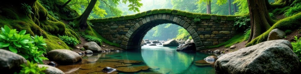 Moss-covered rocks support a weathered stone bridge, scenic, texture