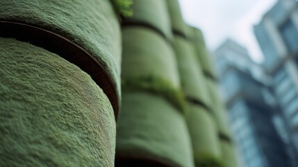 Lush green cylindrical structures standing proudly near city skyscrapers, blending nature and modern architecture beautifully.