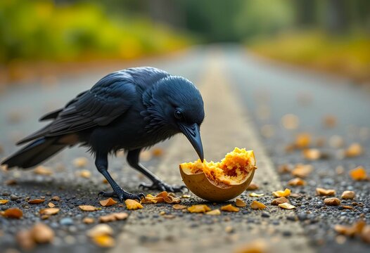 A crow is eating a half eater fruit falling on the road
