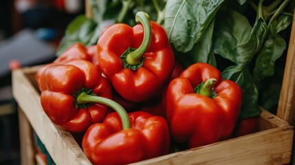 Bunch of ripe red bell peppers on plant stems, healthy organic farming in action