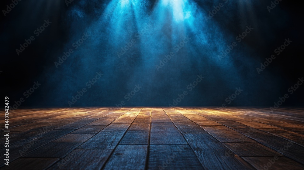 Poster centered beam of blue light highlighting empty stage with textured floor