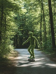 Skateboarding figure in lush forested pathway evoking action and adventure under natural canopy of greenery