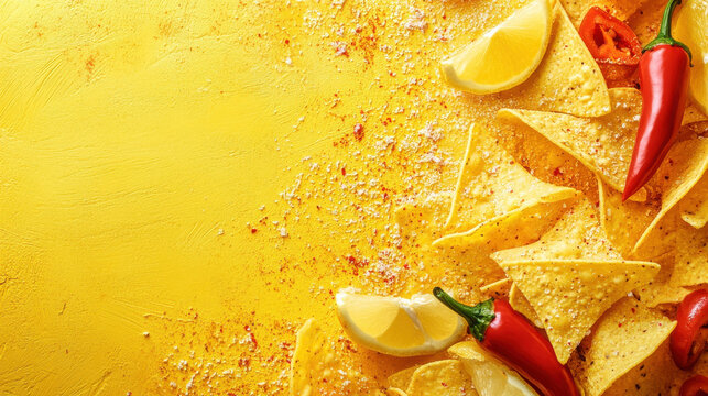 Festive nacho themed background with tortilla chips and chili