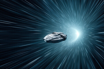 Sci-fi spacecraft entering a glowing wormhole at light speed in deep space.


