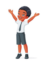 Happy little African American school boy with his arms raised. Cartoon vector illustration.