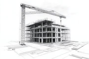 Sketched image showing a building under construction with a crane
