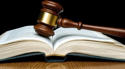 Gavel resting on open law book.
