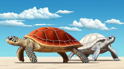 Two Sea Turtles Racing on Sandy Beach Under Blue Sky with Clouds