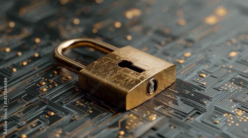 Poster data protection, a padlock securing circuit board symbolizing cybersecurity and digital access contr