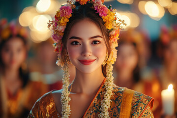 Fototapeta premium A cultural dance performance in the heart of Chiang Mai during the Flower Festival. Dancers cloaked in petals and gold thread move in slow, reverent harmony. 