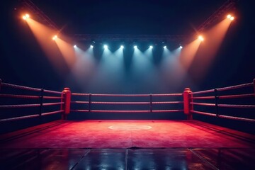 Empty boxing ring at night, spotlights glow on canvas, location, gloom